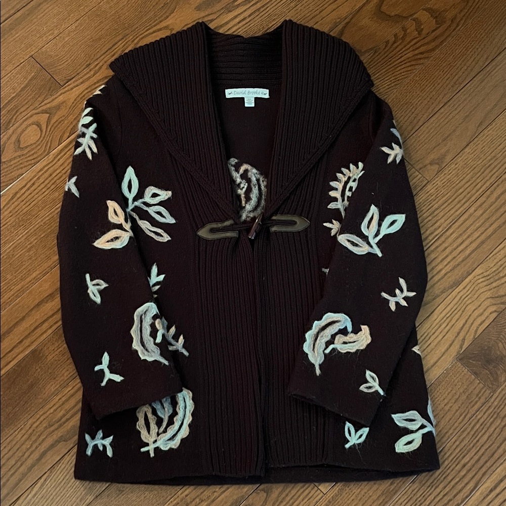 David Brooks Dark Brown Cardigan with Embroidered Patterns